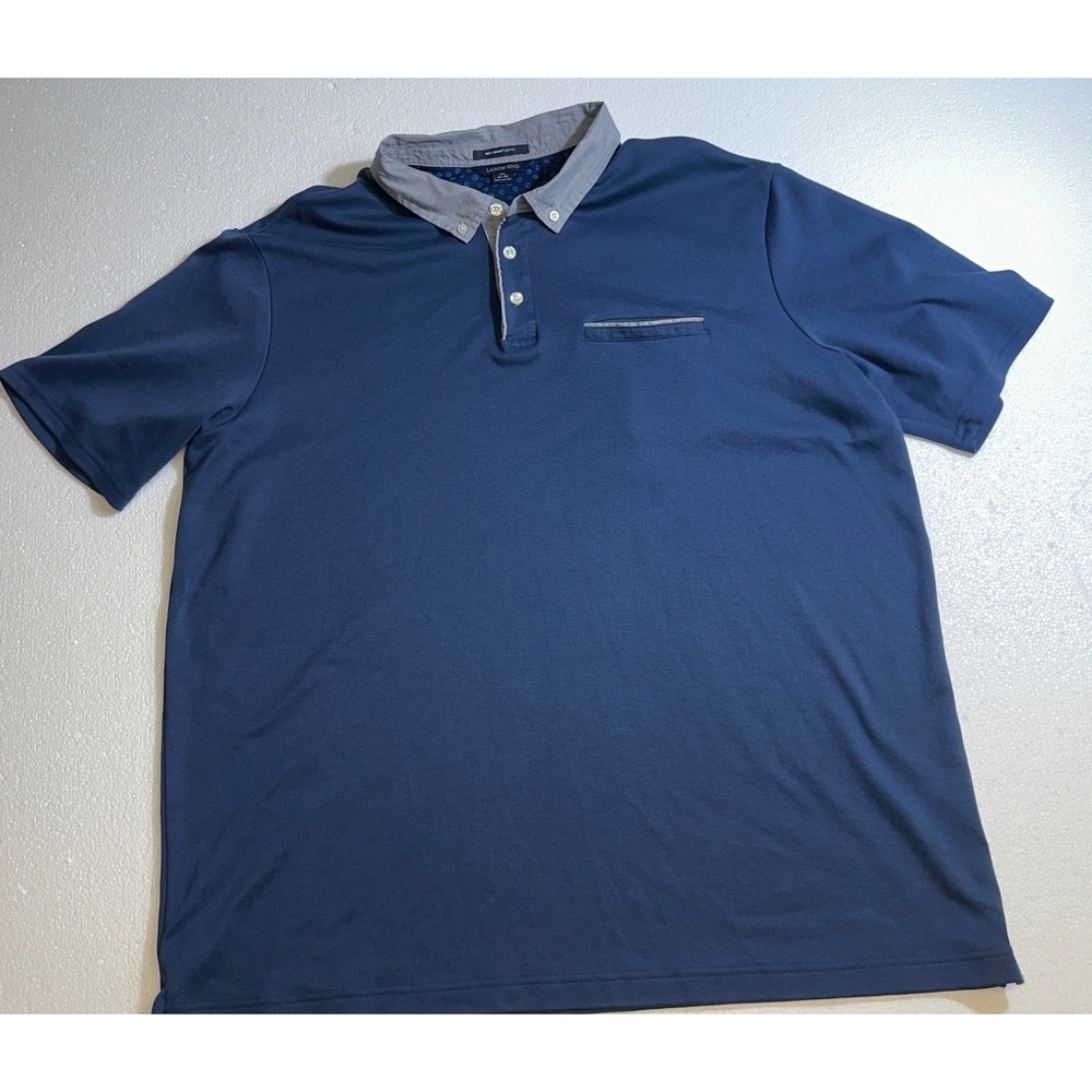 Lands End Mens XL Navy Blue Supima Cotton‎ Polo Shirt Grey Striped Collar Pocket